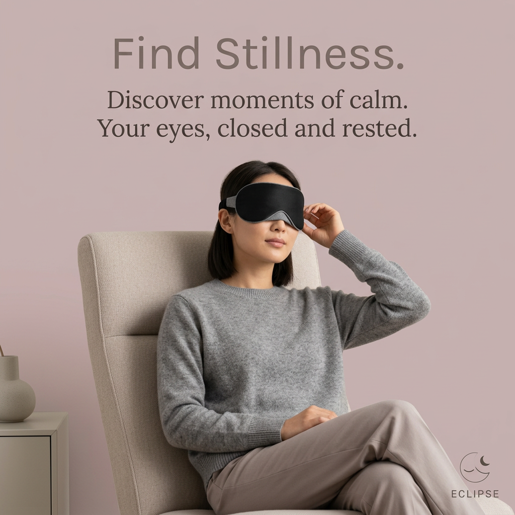 Woman in a grey jumper relaxing in a cream armchair wearing a black eye mask against a soft mauve wall
