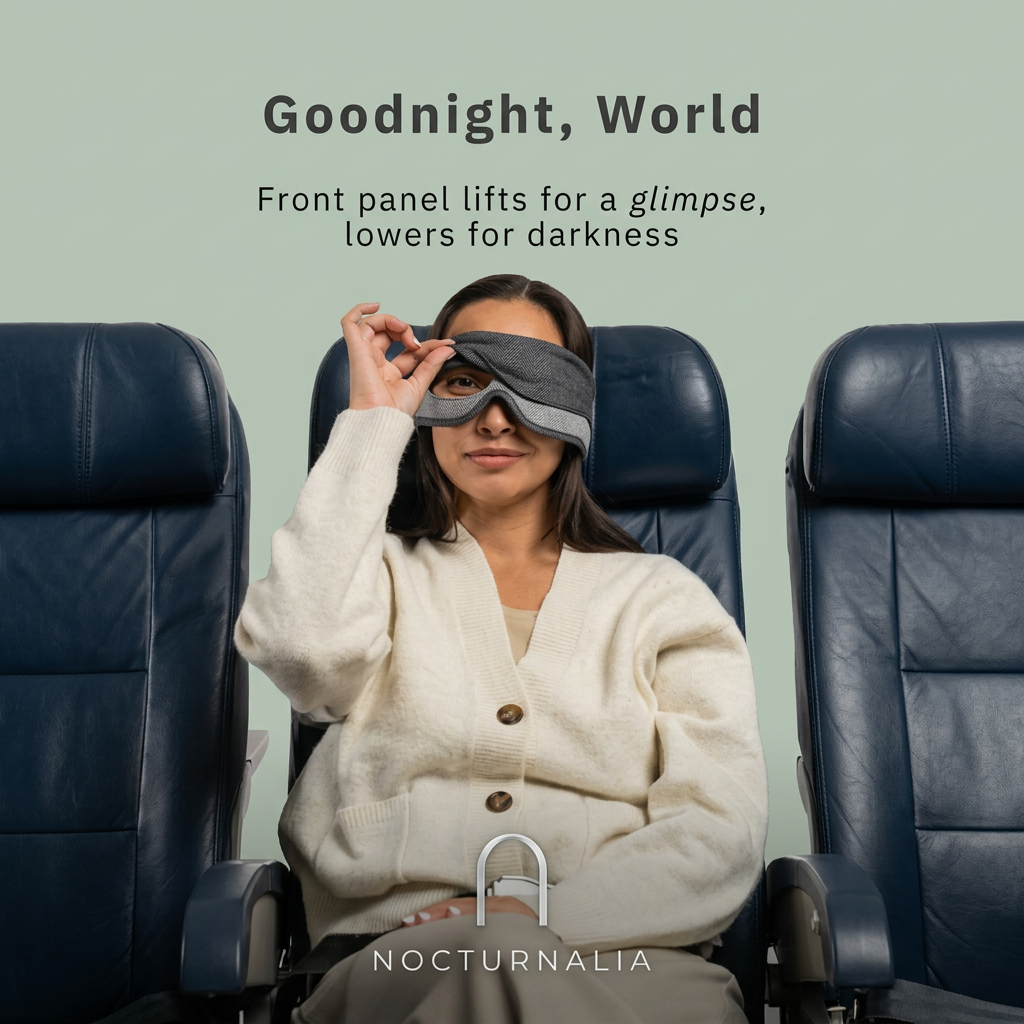 Woman in a cream cardigan seated between navy airline seats, lifting the front panel of a grey eye mask to peek out