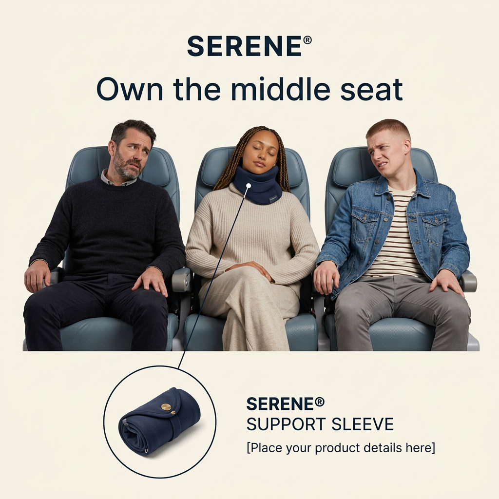 Woman sleeping calmly in a navy neck sleeve in a middle airline seat between two awake, annoyed passengers