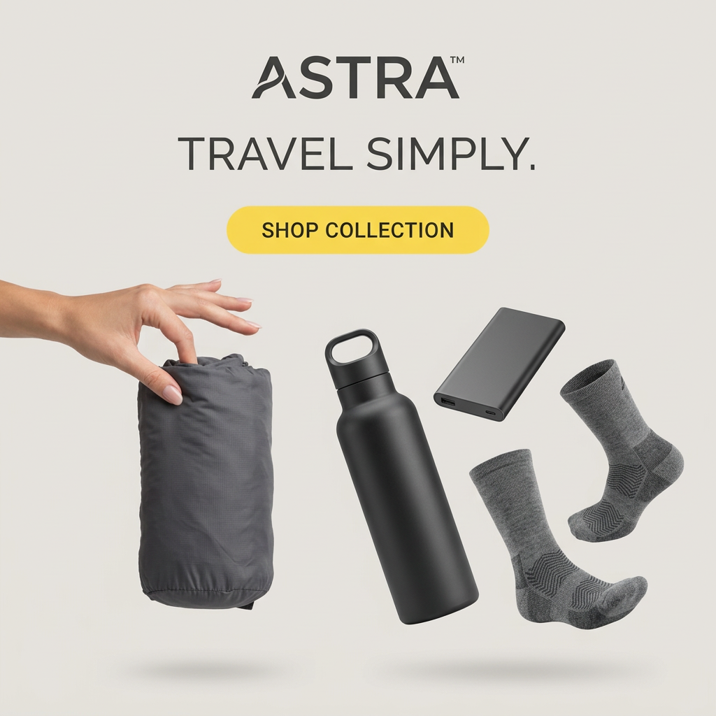 Hand lifting a packed grey jacket beside a floating black bottle, power bank and grey socks under a Travel Simply headline