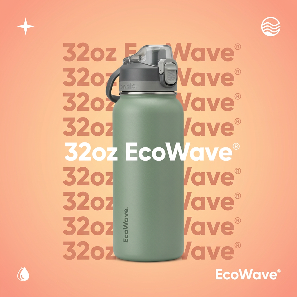 Sage green 32oz insulated bottle with a grey flip spout lid in front of repeating 32oz EcoWave text on a peach gradient