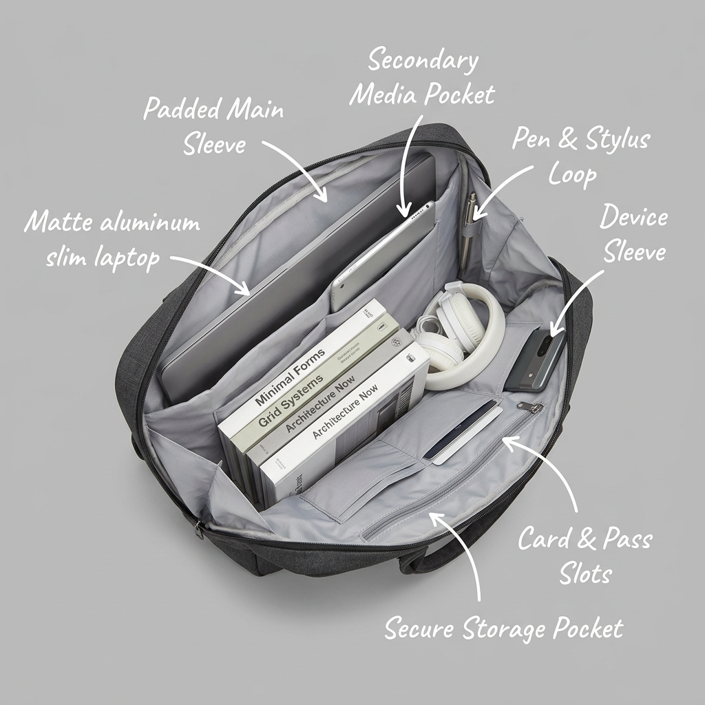 Overhead view inside an open laptop bag with a laptop, tablet, books and headphones, labelled with white handwritten callouts