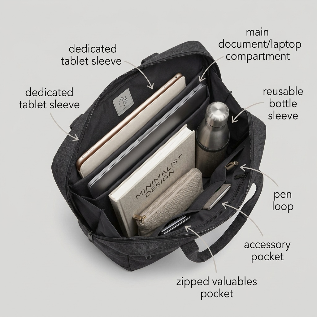 Open charcoal tote with a tablet, laptop, notebook, steel bottle and pouch inside, labelled with lowercase callouts