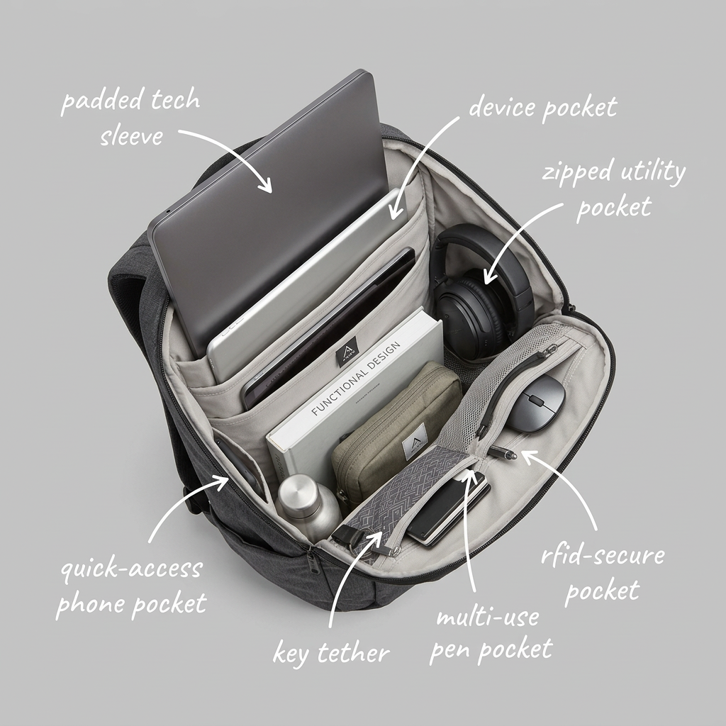 Open charcoal backpack with a laptop, tablet, headphones and accessories, labelled with white handwritten callouts