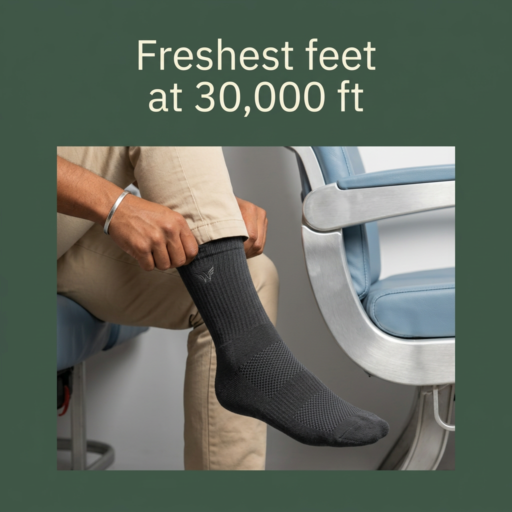 Man in khaki trousers pulling on a charcoal crew sock beside a blue padded seat, framed on a forest green background
