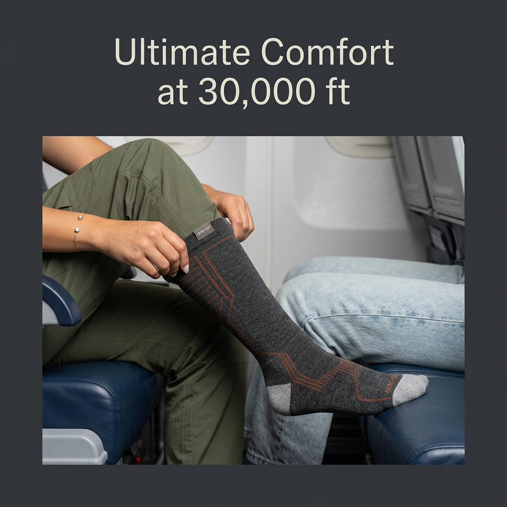 Traveller in olive trousers pulling on a knee-high charcoal and copper sock in a navy aircraft seat, framed on charcoal