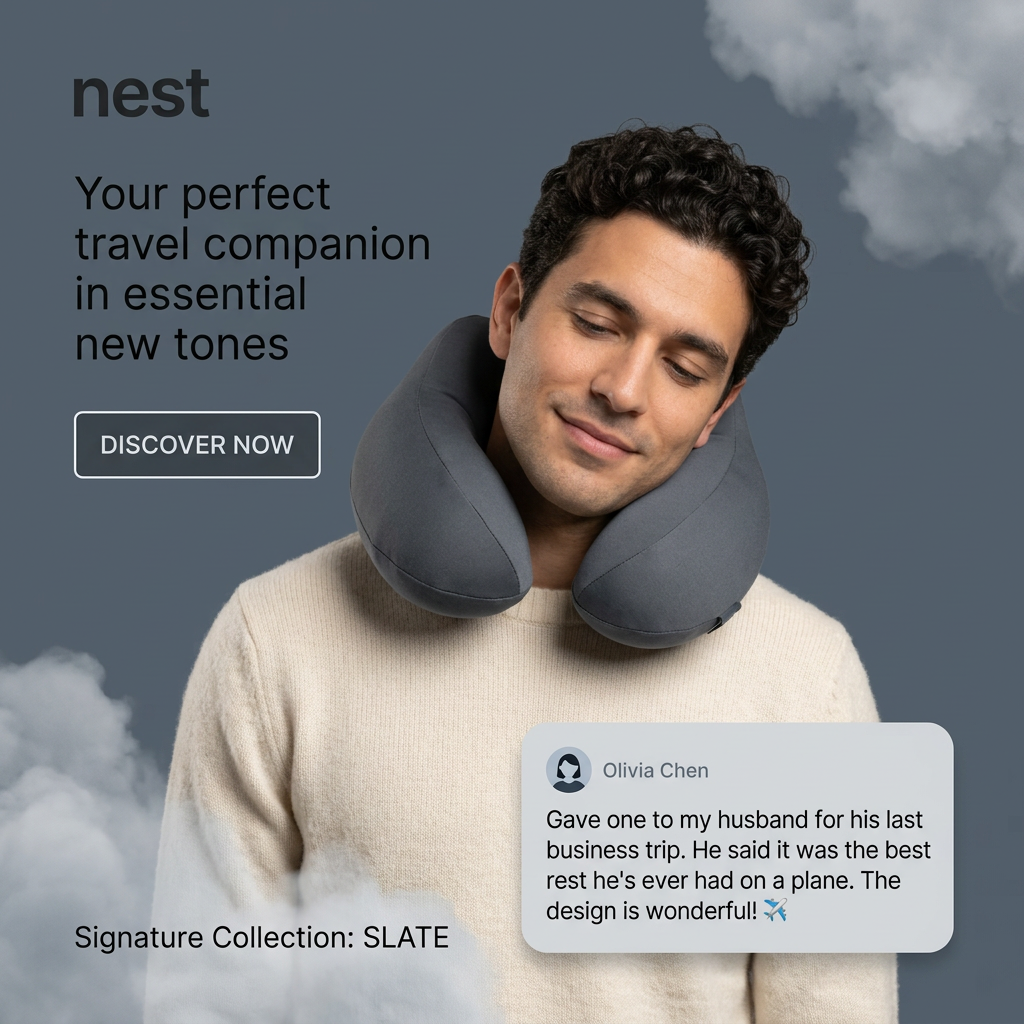 Smiling man in a cream jumper resting in a slate neck pillow against a blue-grey sky with clouds, beside a gift review card