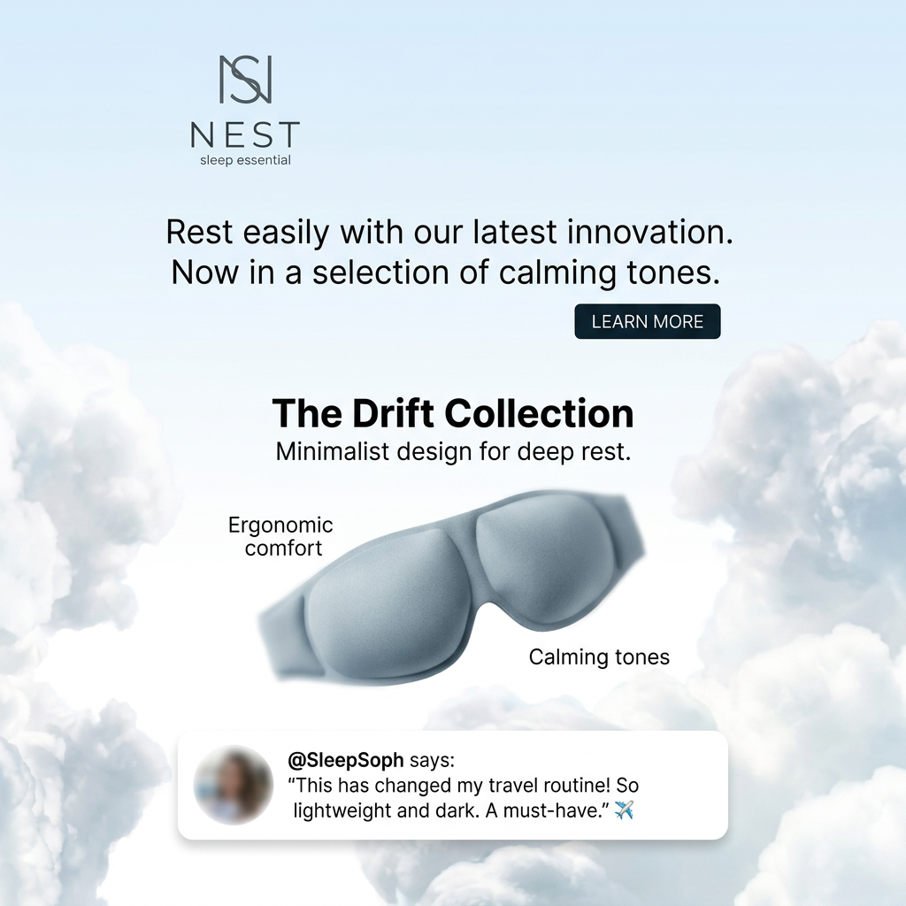 Pale blue contoured sleep mask floating among soft white clouds, with feature labels and a short social review