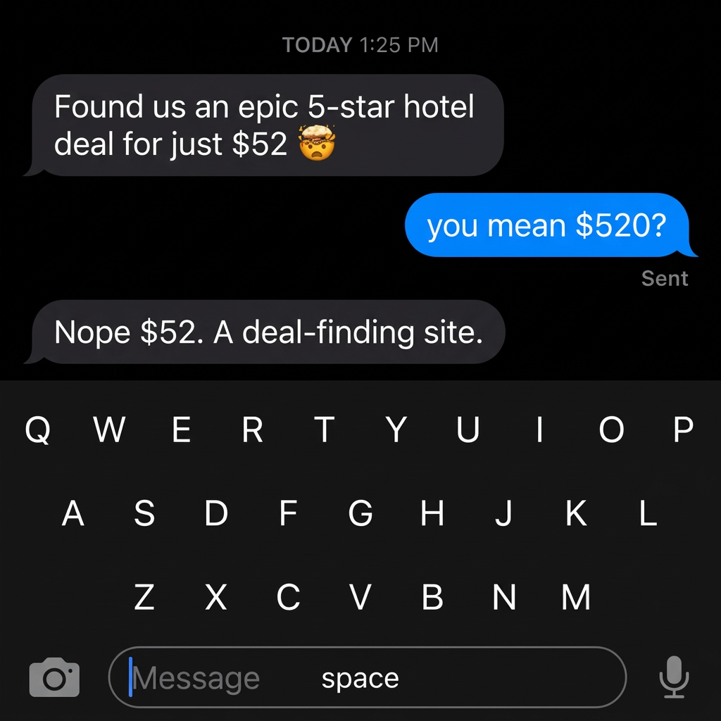 Dark-mode text message chat where one friend says they found a five-star hotel for $52 and the other asks if they mean $520