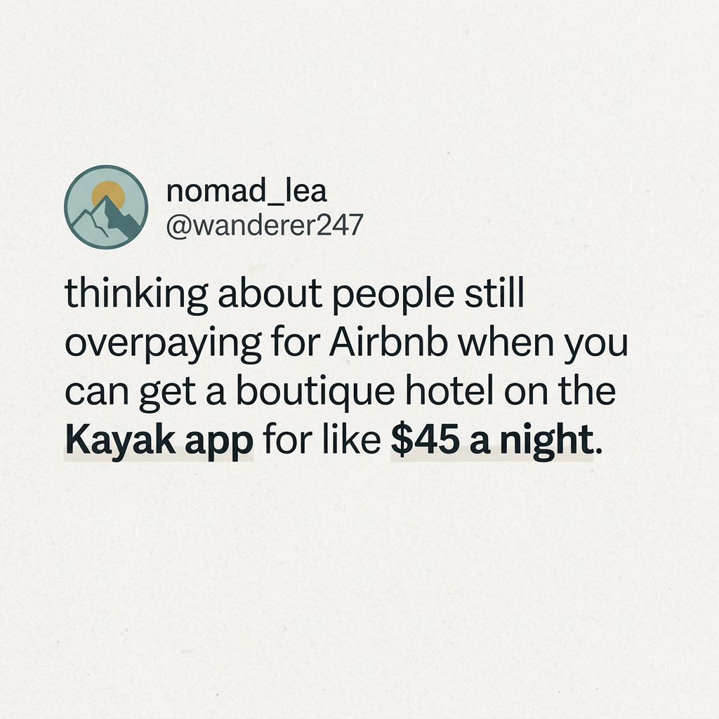 Text-only social post from nomad_lea about getting a boutique hotel for around $45 a night instead of overpaying for a rental
