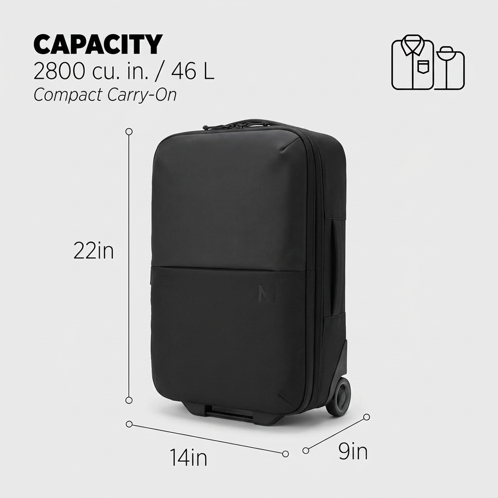 Black soft-shell carry-on roller on light grey with dimension lines for 22, 14 and 9 inches and a 46L capacity headline