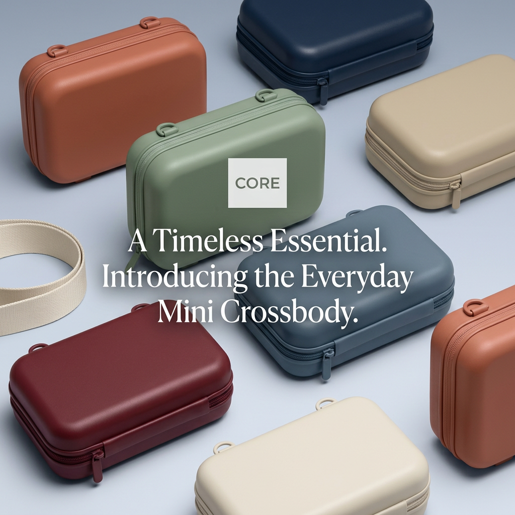 Compact rounded crossbody cases in terracotta, sage, navy, cream, slate and burgundy scattered on a pale blue surface