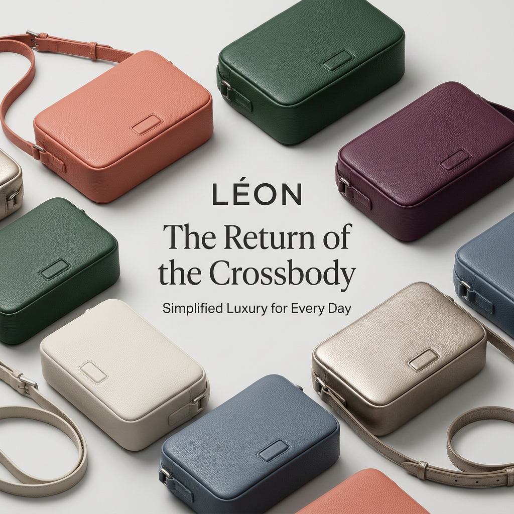 Pebbled leather crossbody bags in coral, green, plum, cream, blue and champagne arranged in a circle around a serif headline