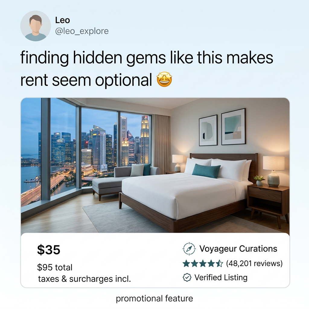 Social post above a hotel room with a city skyline view, with a listing card showing price, rating and a verified badge