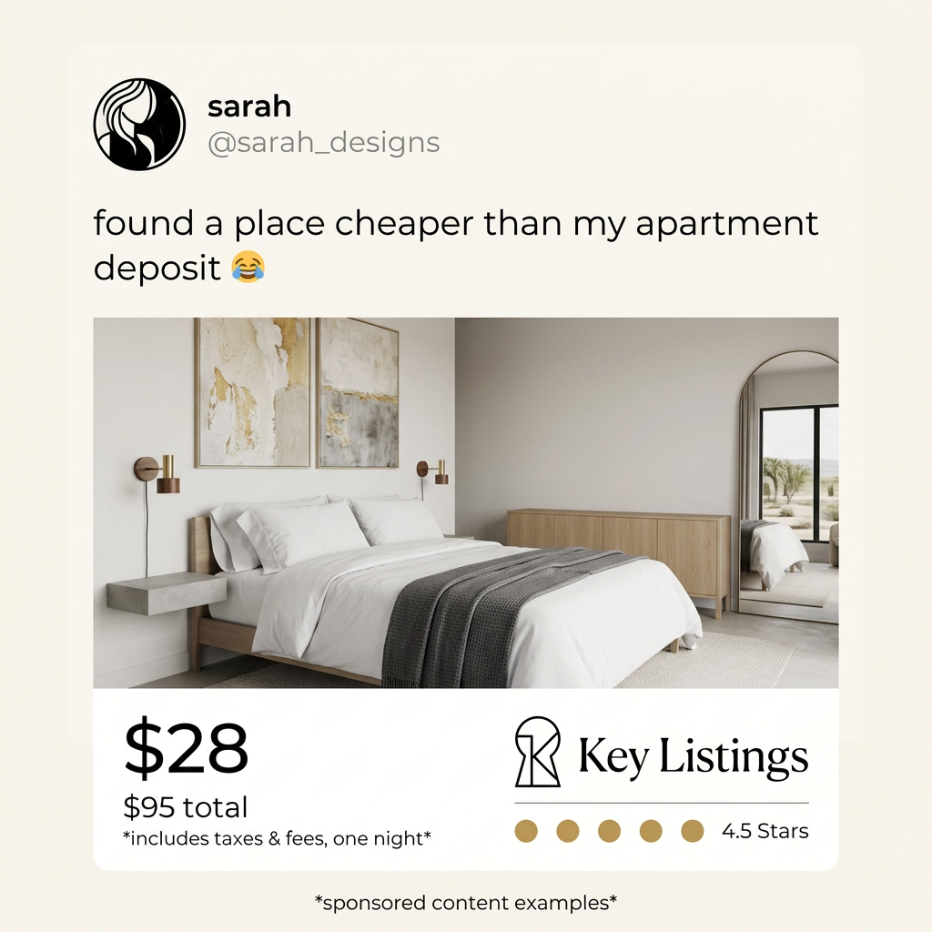 Social post above a minimalist bedroom with gold artwork and an arched mirror, with a Key Listings price card