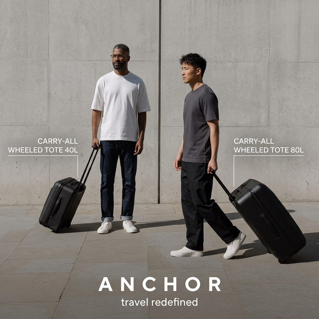 Two men against a concrete wall with matte black wheeled suitcases labelled 40L and 80L, in bright sunlight