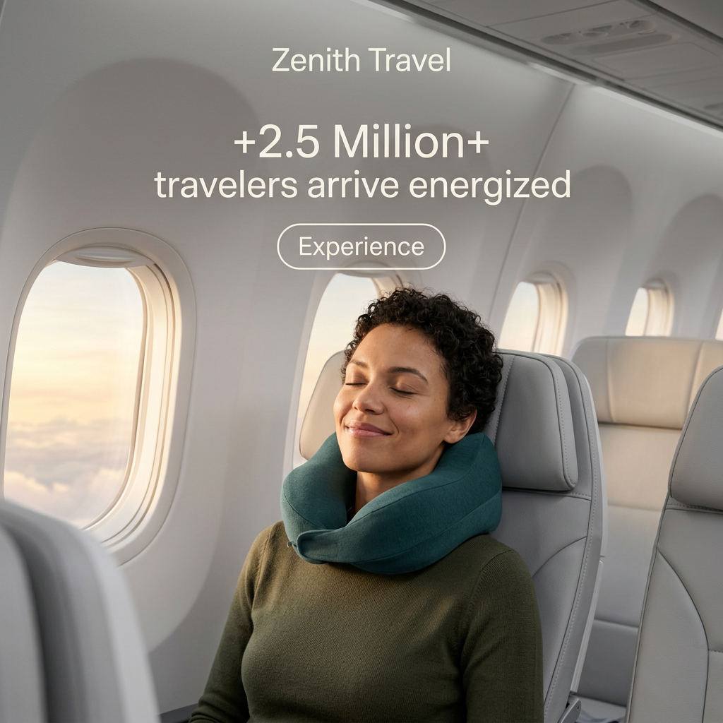 Smiling woman with curly hair resting in a teal neck pillow by an aircraft window at sunrise, under a social proof headline