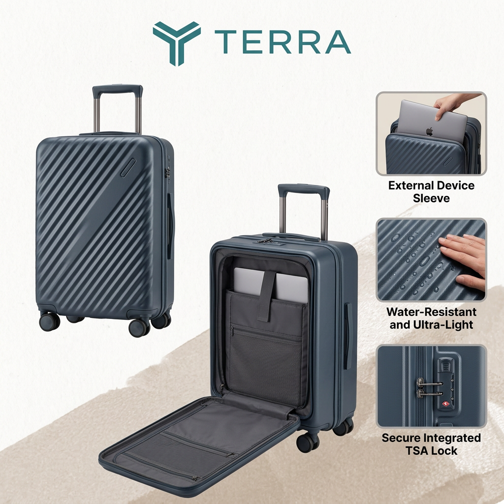 Ribbed navy carry-on shown closed and with its front panel open to a laptop compartment, beside three feature close-ups