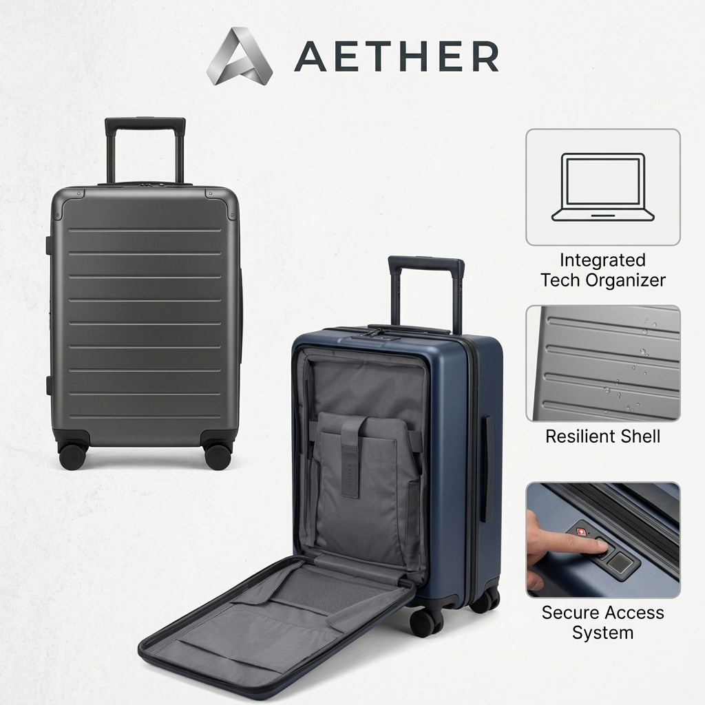 Grey carry-on closed beside a navy carry-on open to a front organiser, with tiles for organiser, shell and lock