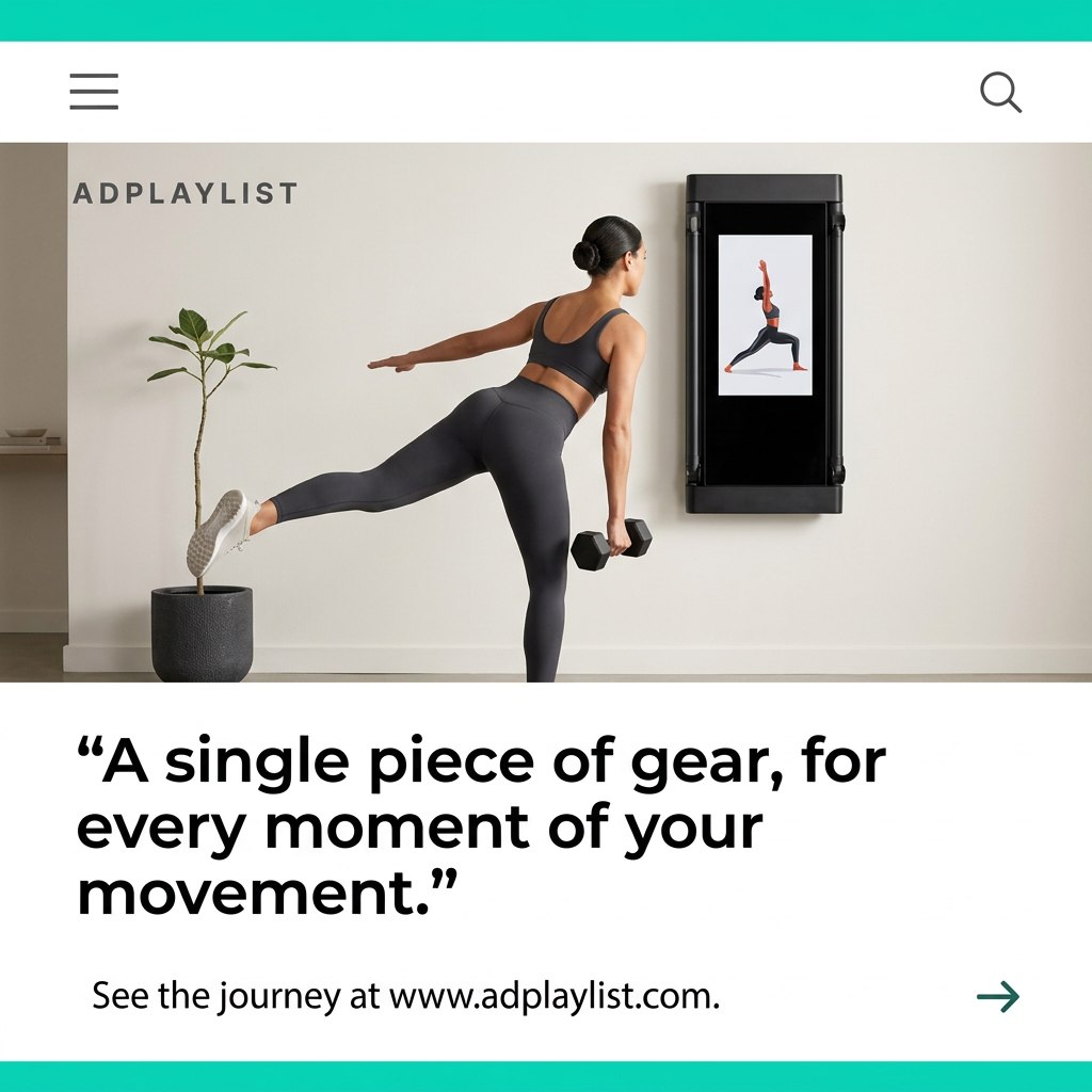 Woman in grey activewear doing a balance pose with a dumbbell beside a wall-mounted fitness screen showing a yoga pose