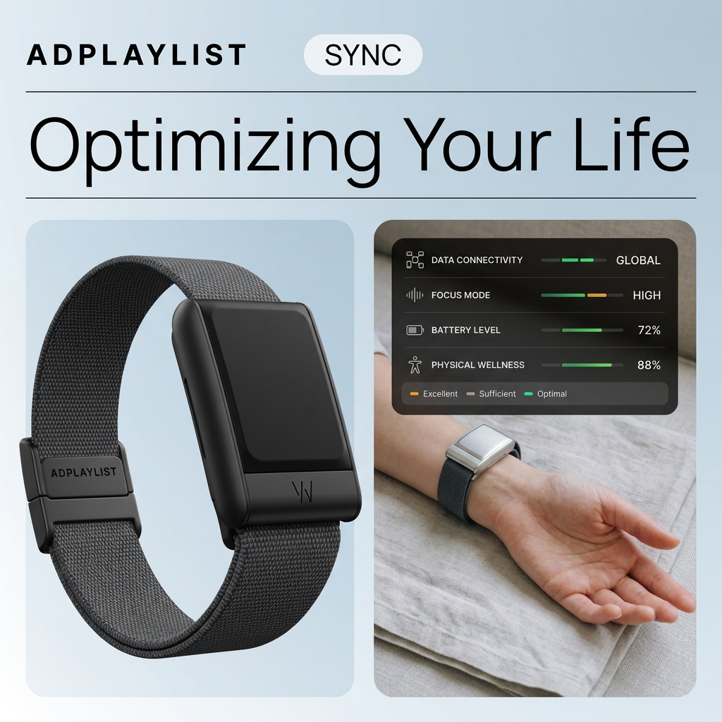 Black woven fitness band beside a wrist wearing the band, with a dashboard showing focus, battery and wellness scores