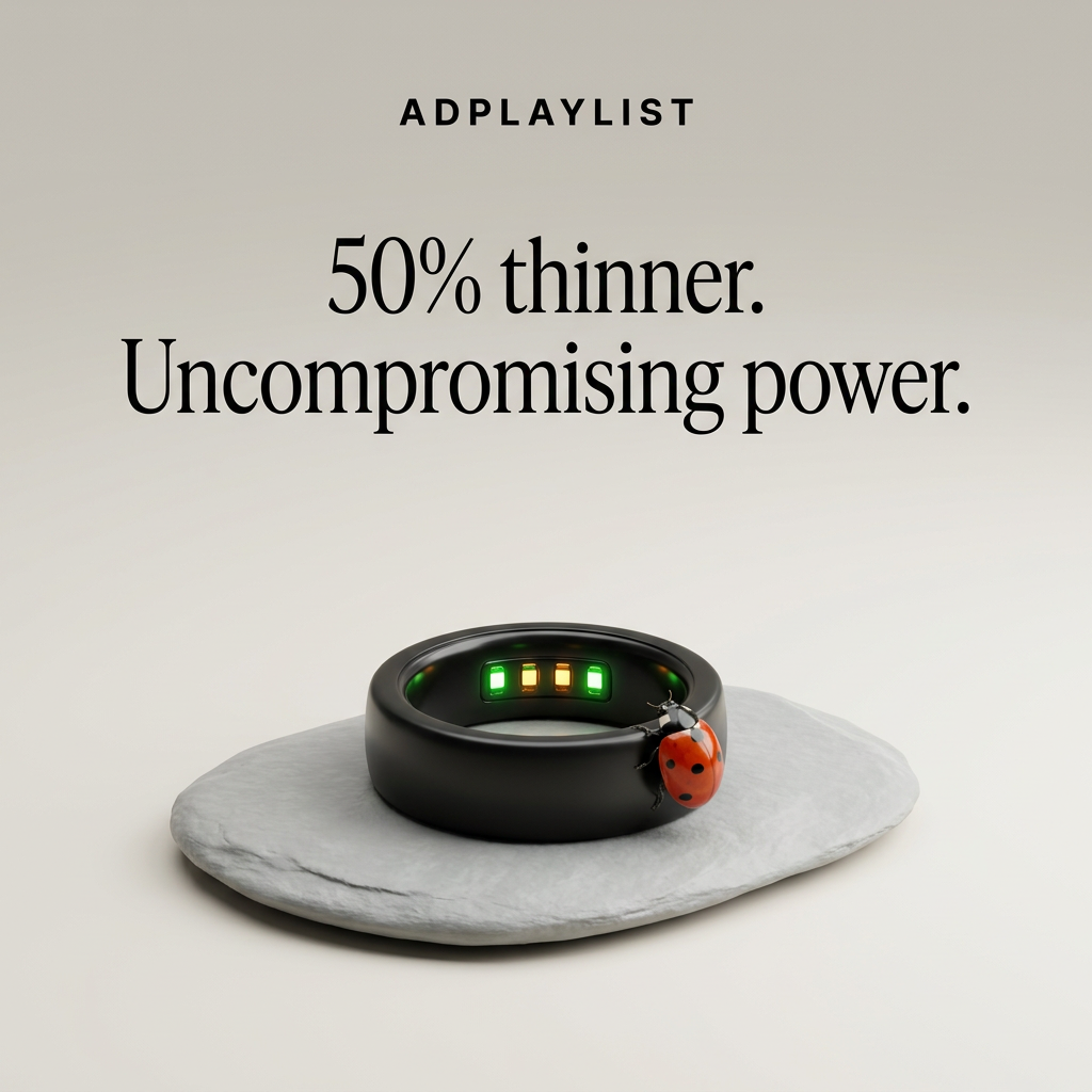 Black smart ring with glowing green and amber sensors on a grey stone, a red ladybug crawling on its edge