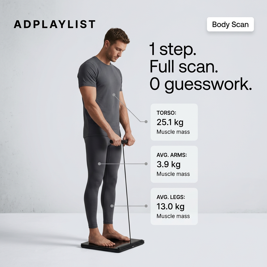 Man in grey t-shirt and leggings on a smart scale holding a handle, with labels showing muscle mass for torso, arms, legs