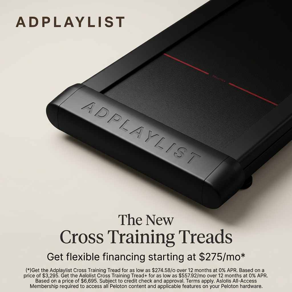 Close-up of a black treadmill deck with ADPLAYLIST embossed on the front, above text offering financing from $275/mo