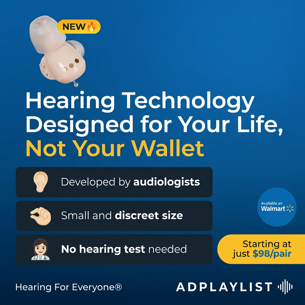 Small beige in-ear hearing aid above a headline, three benefit rows, a Walmart badge and a yellow $98 per pair tag