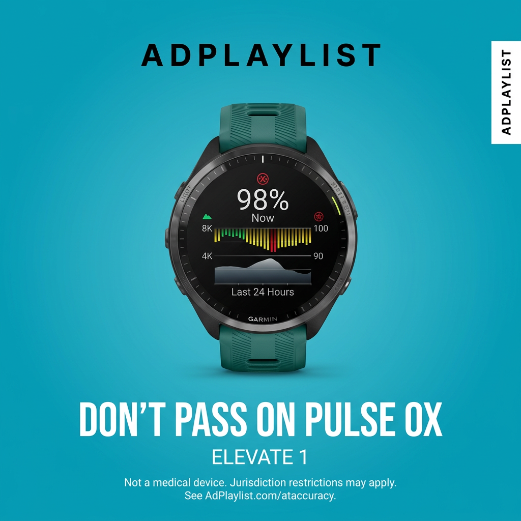 Sport smartwatch with a green strap showing a 98 percent pulse ox reading and 24-hour graph on a teal background
