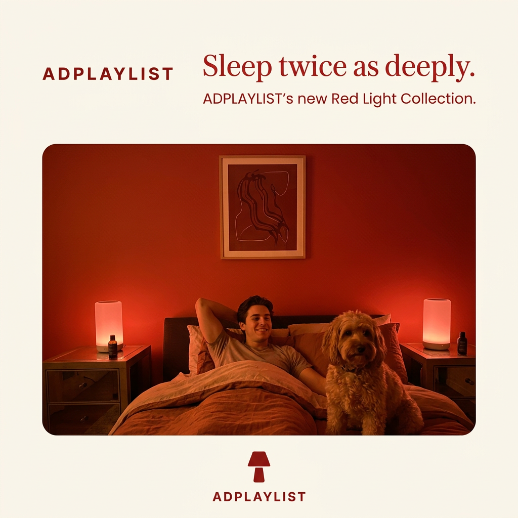 Smiling man in bed beside a fluffy dog in a bedroom lit red by two cylindrical bedside lamps