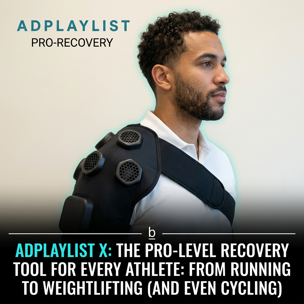 Man in a white polo wearing a black shoulder recovery wrap with hexagonal vents, under a bold news-style headline