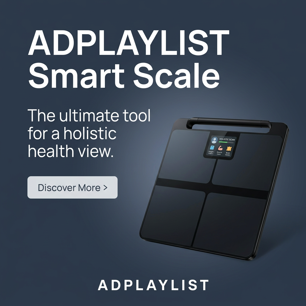 Black smart scale with a handle and a small colorful display floating at an angle on a dark slate-blue background