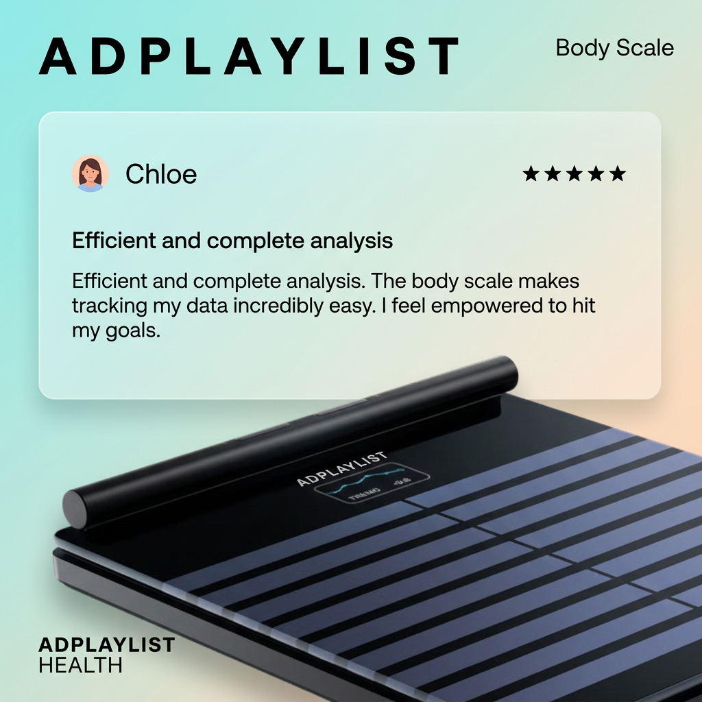 Five-star review card from Chloe praising the body scale, above a close-up of a black smart scale on a mint gradient