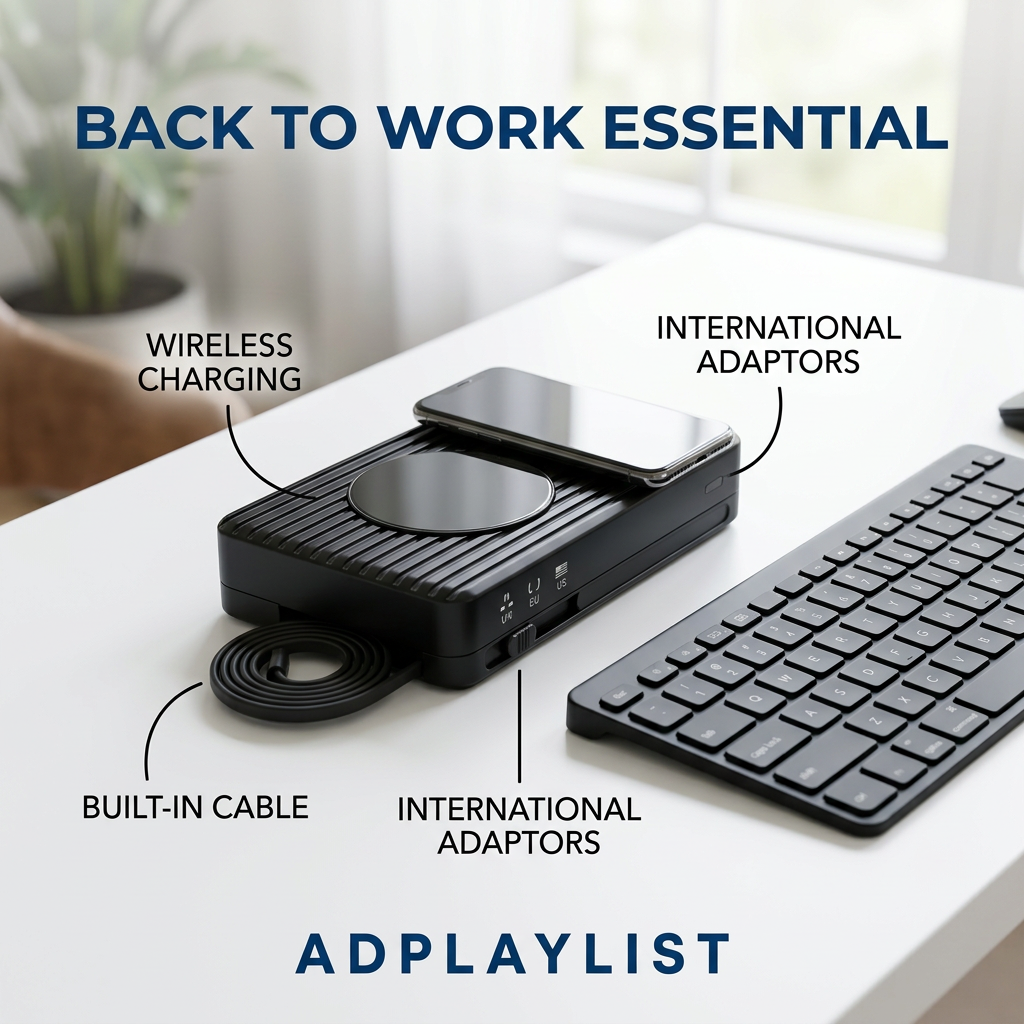 Black ribbed charging hub with a phone on top and coiled cable on a white desk, with callout labels for its features