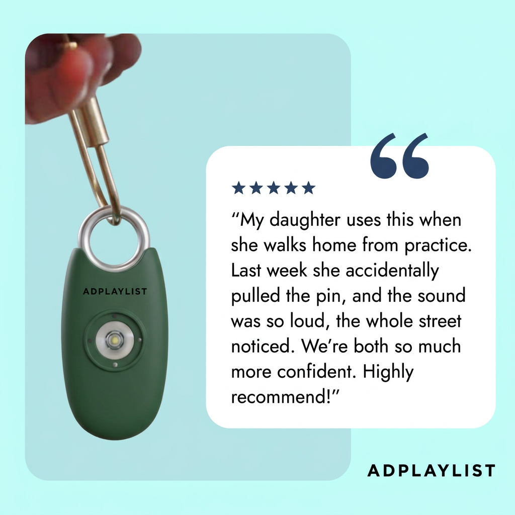 Hand holding a green keychain safety alarm with a light, beside a five-star parent review card on an aqua background