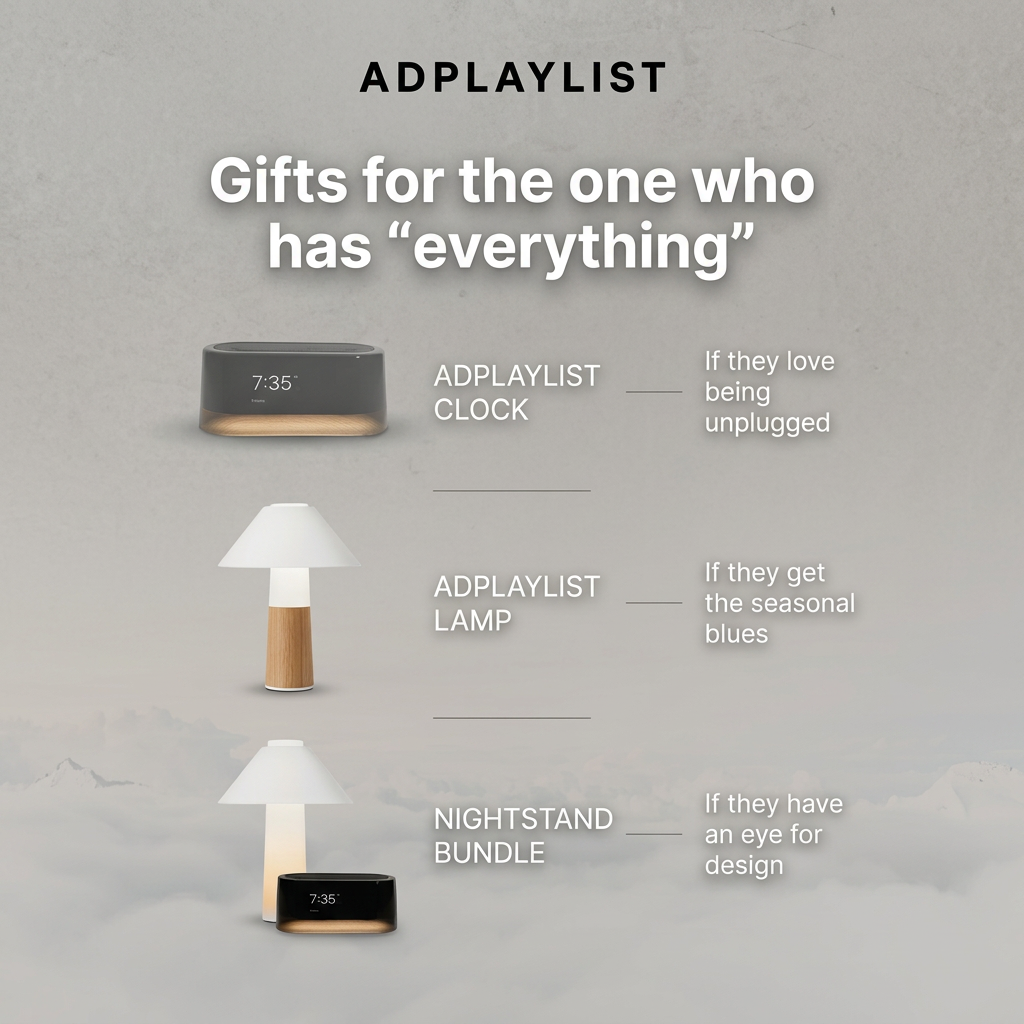 Gift guide with a smart alarm clock, a wooden lamp and a lamp-and-clock bundle, each with a gift line, on cloudy grey