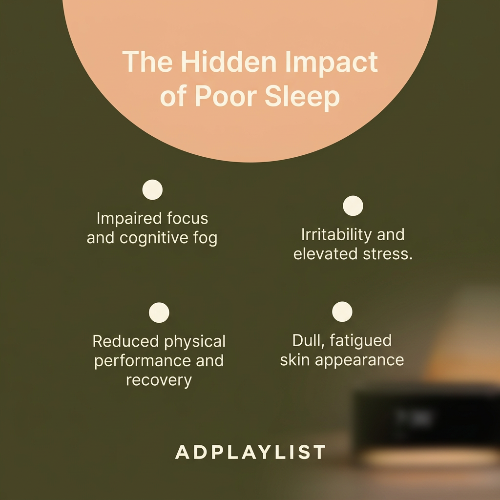 Olive green ad with a peach circle titled The Hidden Impact of Poor Sleep, four bullet points and a blurred glowing clock