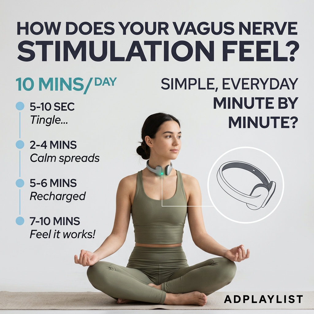 Woman meditating cross-legged wearing a neck vagus nerve device, with a minute-by-minute timeline and product zoom