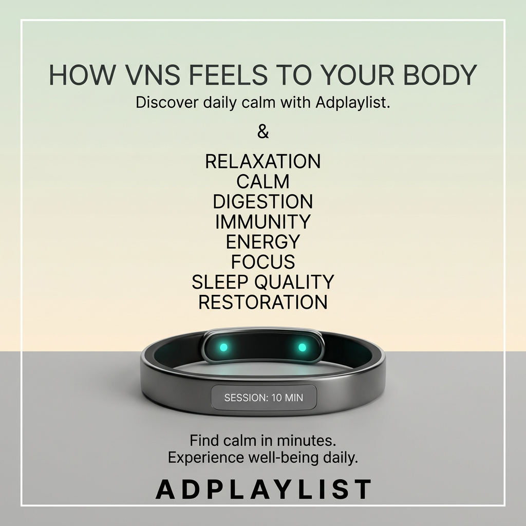 Grey wellness band with two glowing teal lights and a Session: 10 min display, under a stacked list of eight benefits