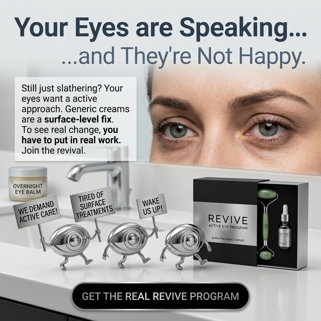 Woman with tired eyes in a mirror above three chrome cartoon eyes holding protest signs next to a jade roller and serum kit