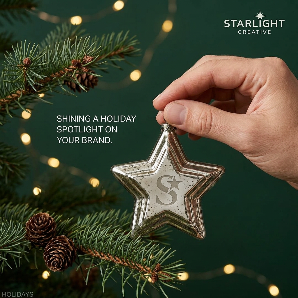 Hand hanging a silver star ornament with an S logo on a pine branch against a dark green background with warm fairy lights