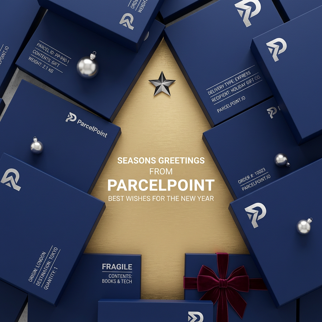 Navy ParcelPoint boxes arranged so the gold space between them forms a Christmas tree with a star, baubles and a red bow