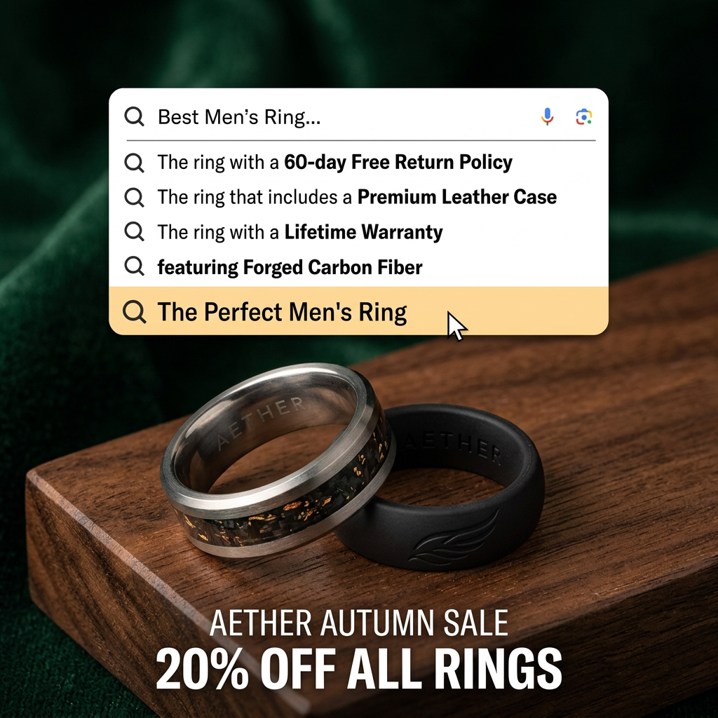 Search bar with autocomplete benefits for best men's ring above carbon fiber and black silicone rings on walnut wood, 20% off