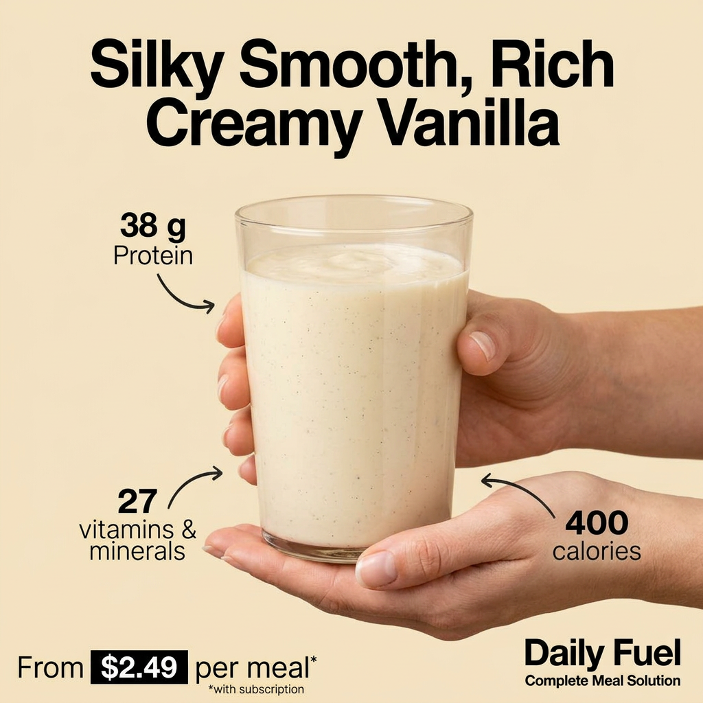 Hands holding a glass of vanilla meal shake with arrows to 38 g protein, 27 vitamins and minerals and 400 calories on cream