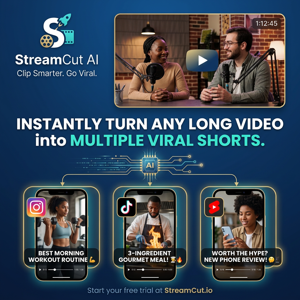 Long podcast video linked through an AI chip to three phone screens showing shorts for Instagram, TikTok and Shorts