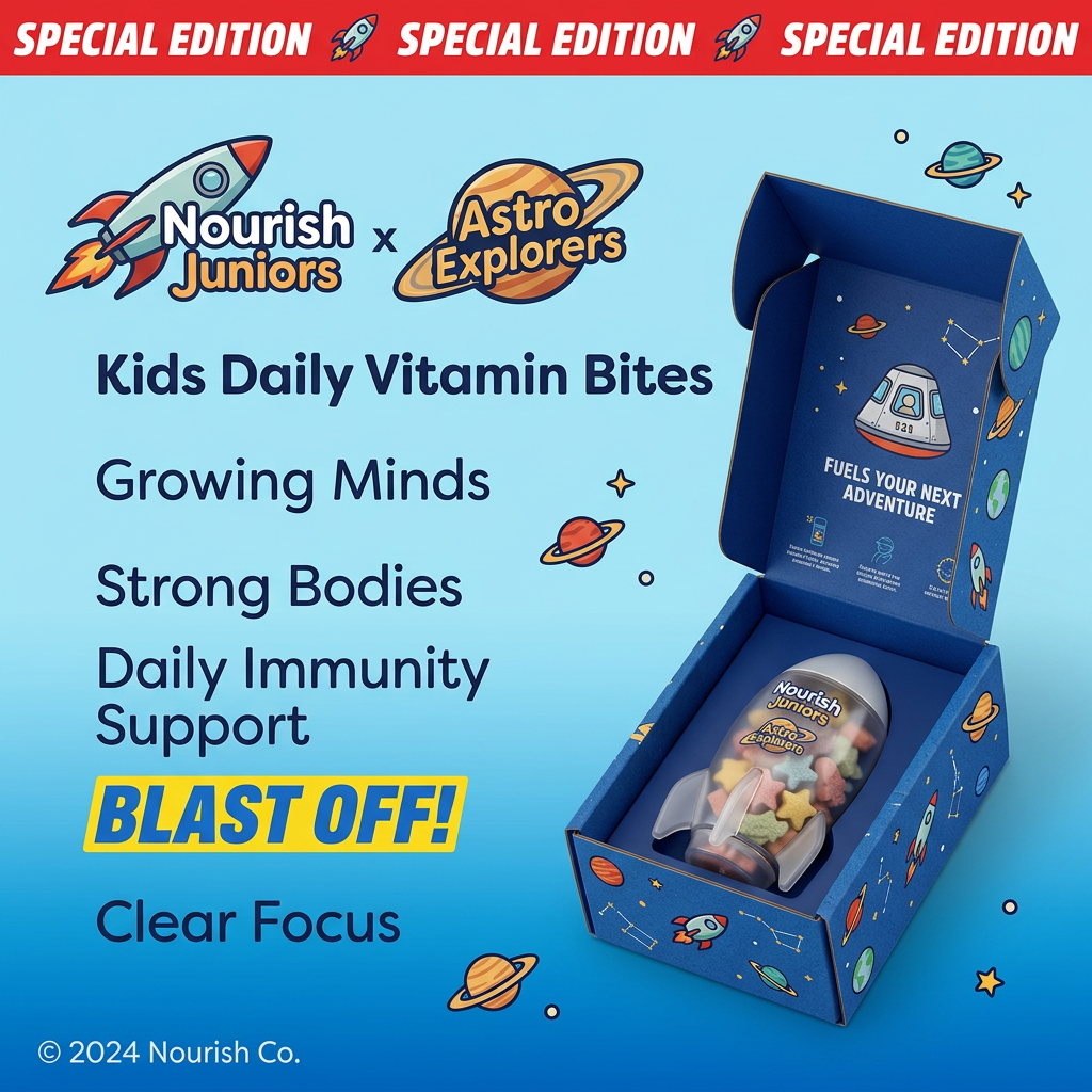 Open blue space-themed box with a rocket jar of colourful star vitamins beside a benefits list and Special Edition banner