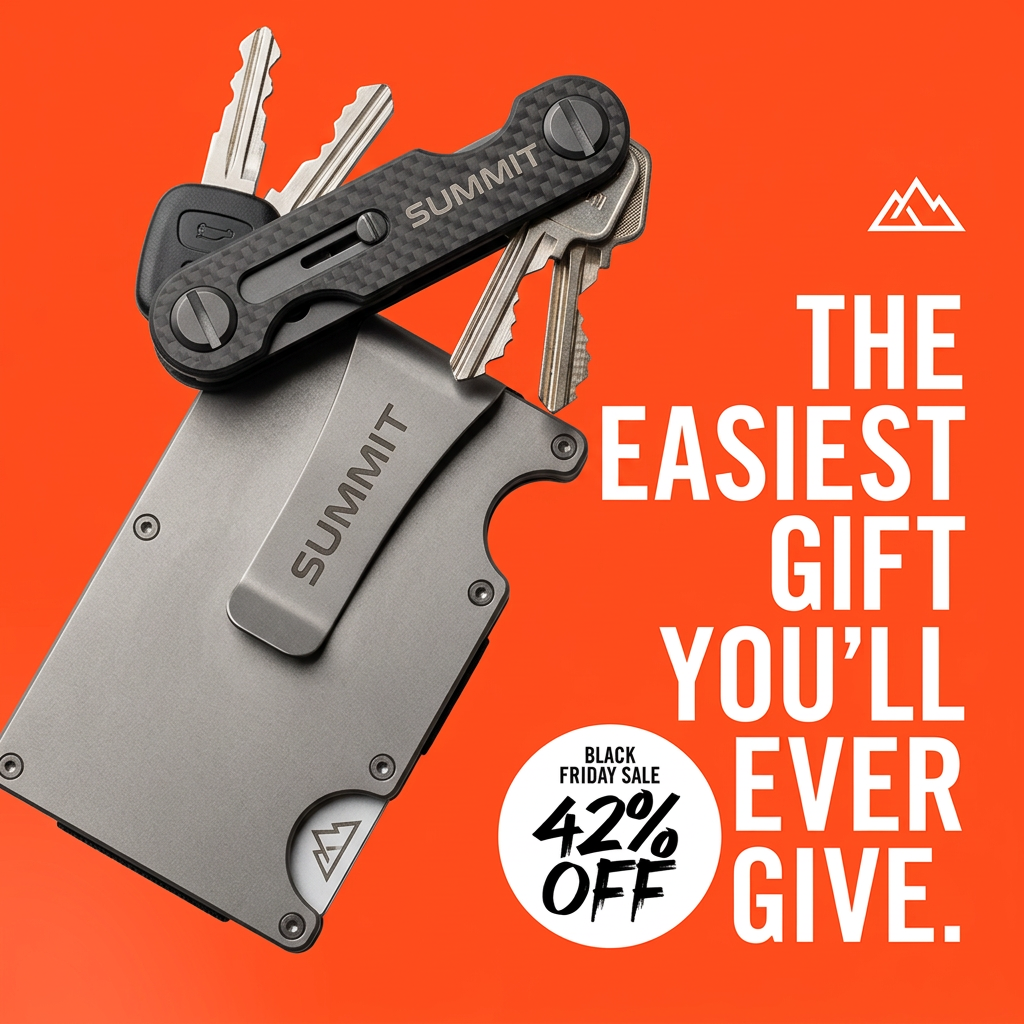 Metal minimalist wallet with money clip and carbon fiber key organizer on orange background with Black Friday 42% off badge
