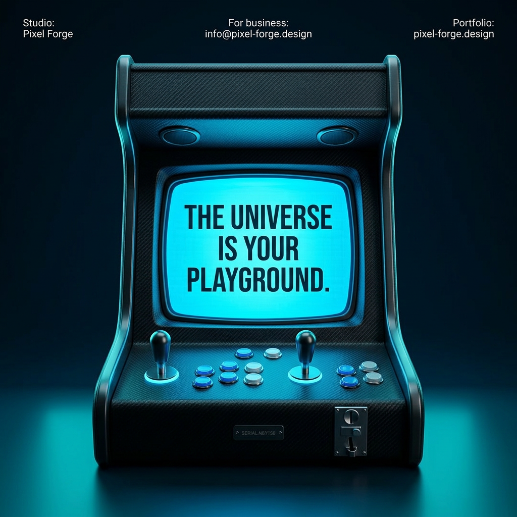 Black arcade cabinet with glowing cyan screen reading The universe is your playground on dark blue, studio details on top