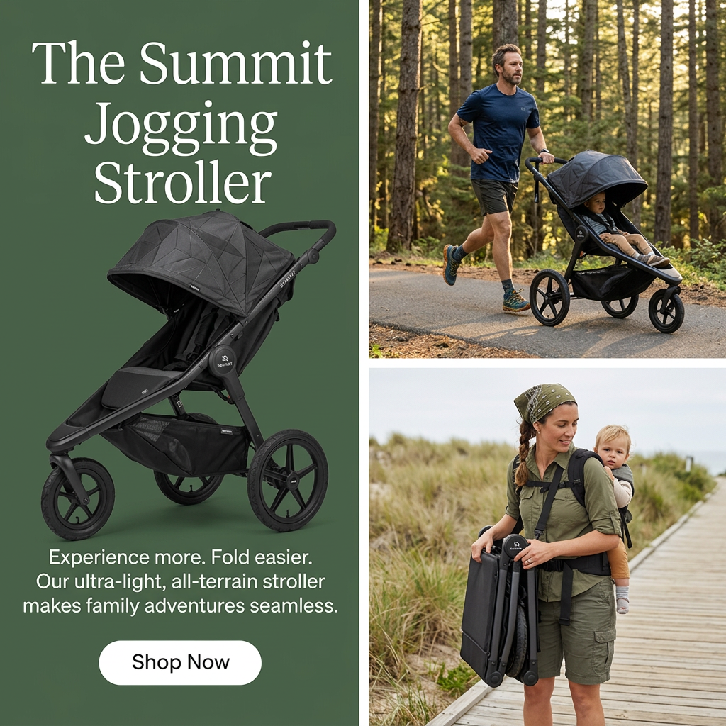 Black jogging stroller on green panel beside photos of a dad running with a stroller in a forest and a mum carrying it folded